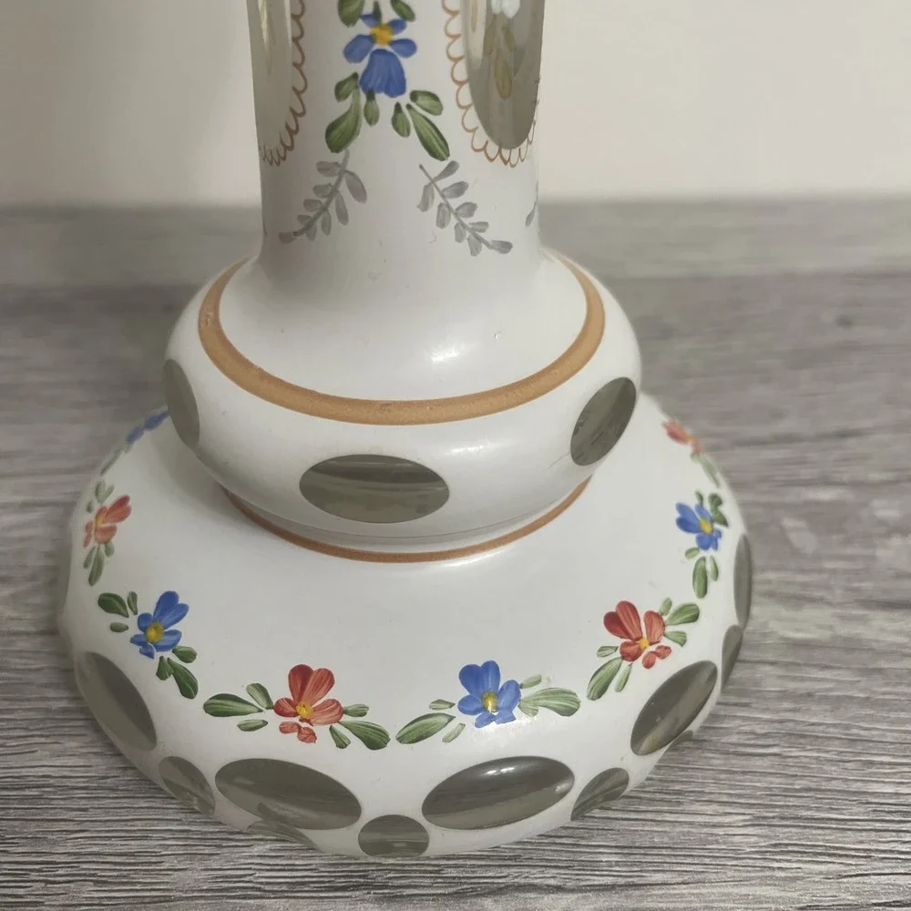 Bohemian White cut to clear hand-painted candlestick Czech 8 Inches grandma core